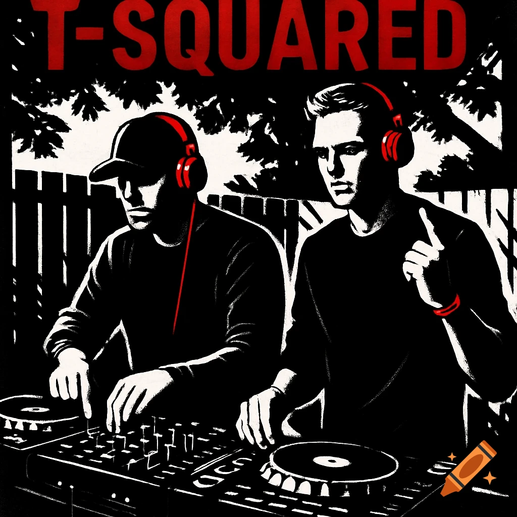 Two DJs at a DJ booth with 'T-SQUARED' text above them, in a striking black, white, and red graphic art style.