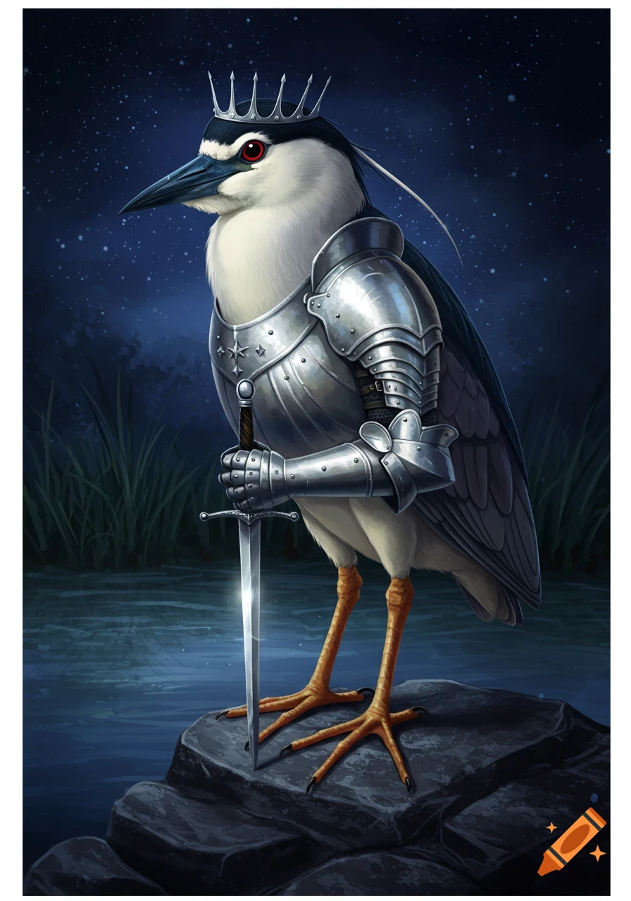 A majestic black-crowned night heron in silver knight armor and a crown stands by water, holding a sword under a starry night sky.