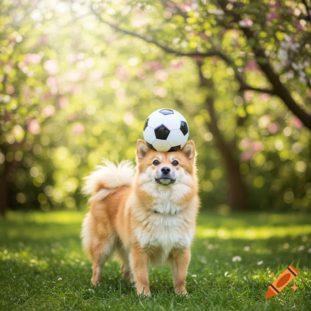 A fluffy, light brown dog balances a black and white soccer ball on its head in a sunny, grassy park with blurred flowering trees.