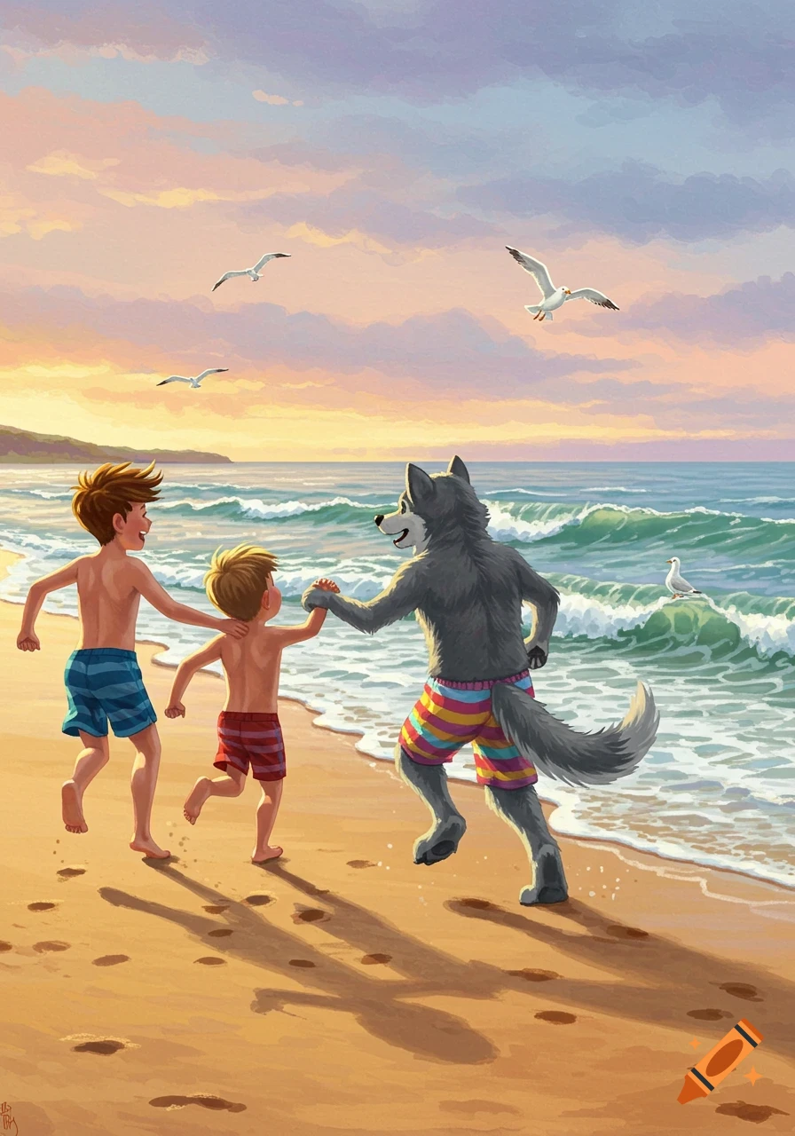 Two boys and a furry wolf in swim trunks run along a sandy beach with ocean waves and seagulls at sunset in a digital illustration.
