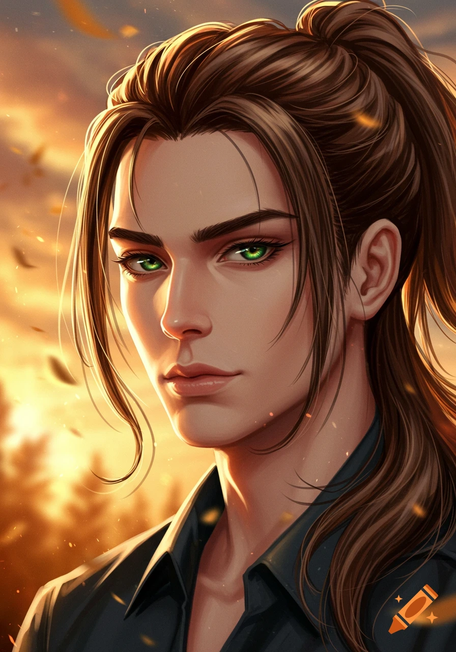 Stylized digital art portrait of a man with long brown hair in a ponytail and glowing green eyes, wearing a dark shirt against a warm, fiery background.