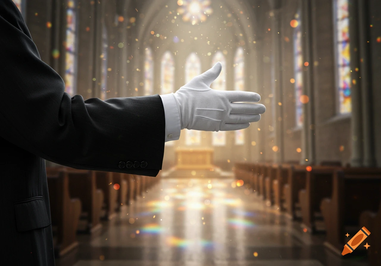 A church usher's arm in a black suit with a white glove outstretched in a bright church aisle.