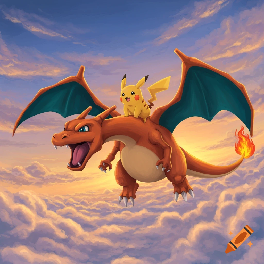 Pikachu rides on Charizard's back as they fly through a vibrant, cloudy sky in a classic Pokemon art style.