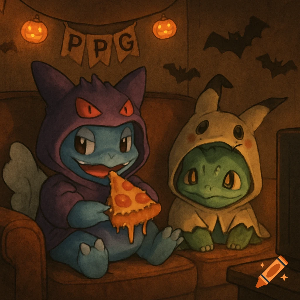 Wartortle in a Gengar hoodie eats pizza with Bulbasaur in a Mimikyu hoodie in a dimly lit Halloween-decorated room.