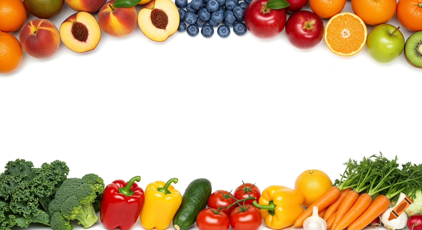 Colorful fruits and vegetables arranged along the top and bottom edges of a white background.