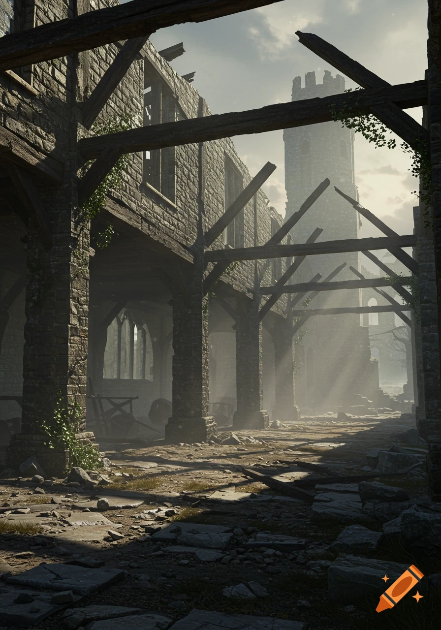Photorealistic image of sunlit stone and timber ruins of a medieval warehouse with a distant tower obscured by mist.