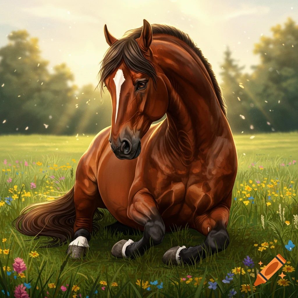 A brown horse with a white blaze sits in a sunny field of colorful wildflowers, looking to the side in a stylized illustration.