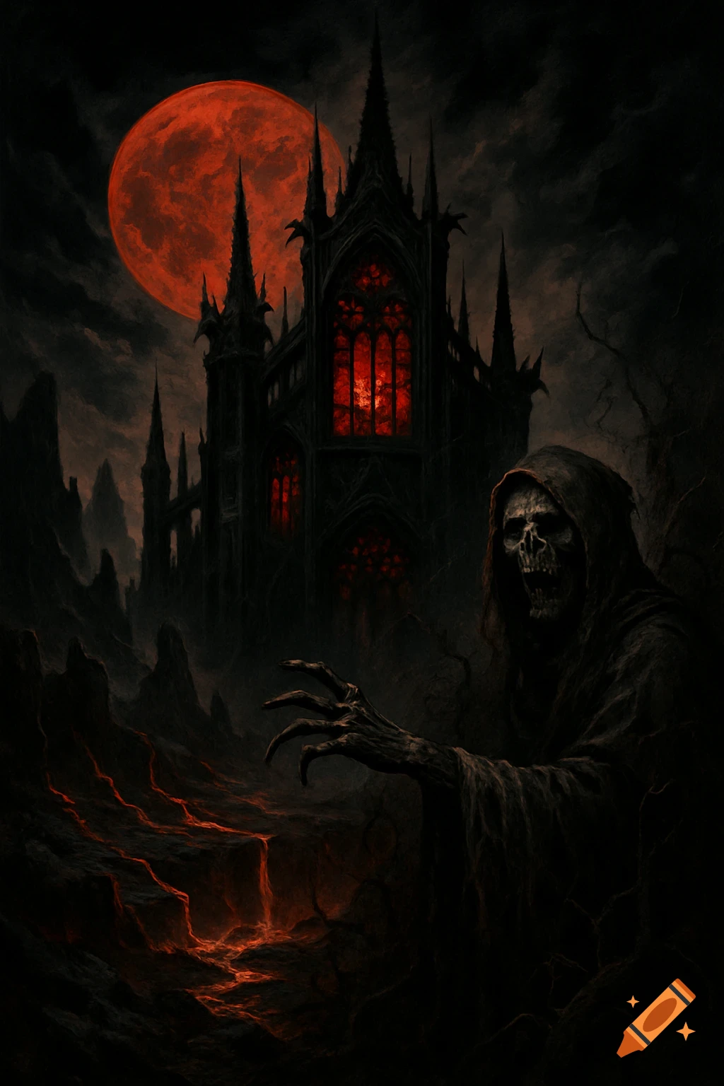 A grim reaper in a dark robe with a skeletal hand reaches out from a gothic landscape with a castle, a blood-red moon, and glowing lava. Dark fantasy art.
