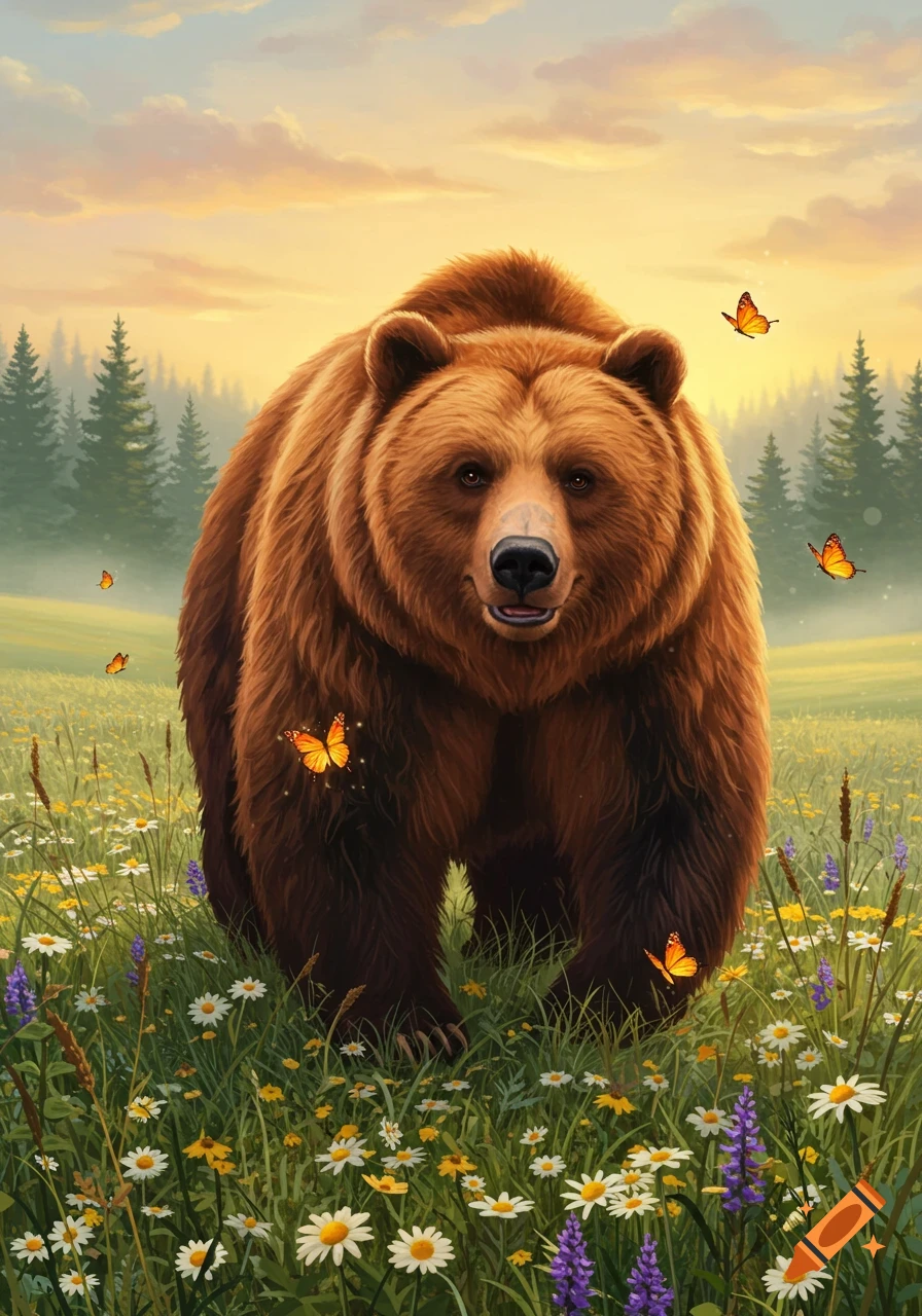 A large brown bear stands in a field of wildflowers with butterflies, under a soft sunset sky.