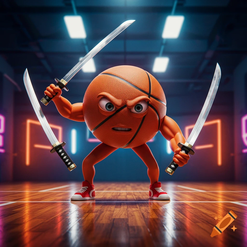 An angry, anthropomorphic basketball character with arms and legs holds two katanas on a shiny basketball court, in a digital art style.