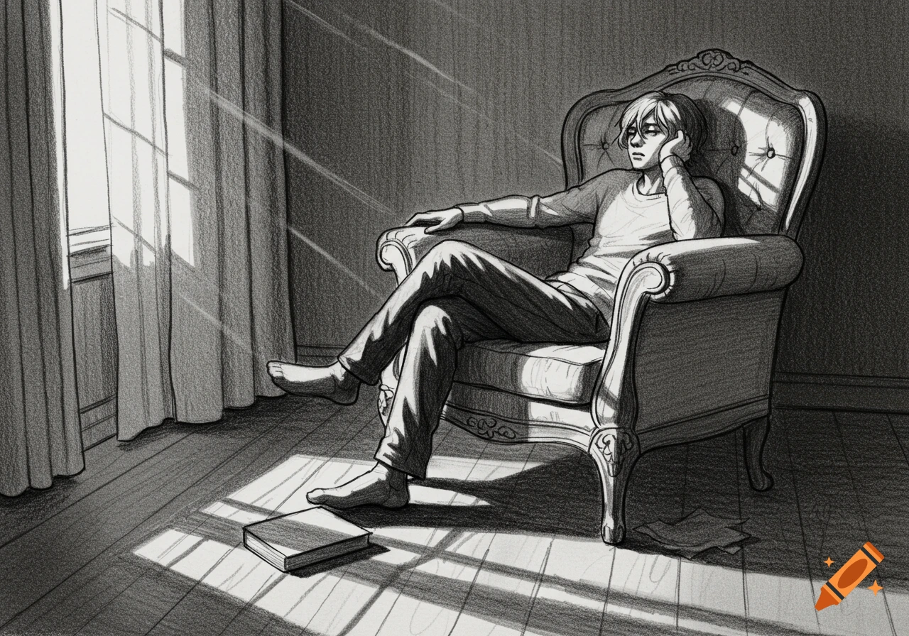 A monochrome sketch of a bored person with blonde hair sitting in an ornate armchair, bathed in sunlight from a window.