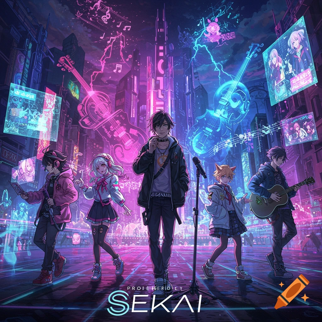 Five anime characters, a band, perform in a neon-lit cyberpunk city with holographic musical instruments.