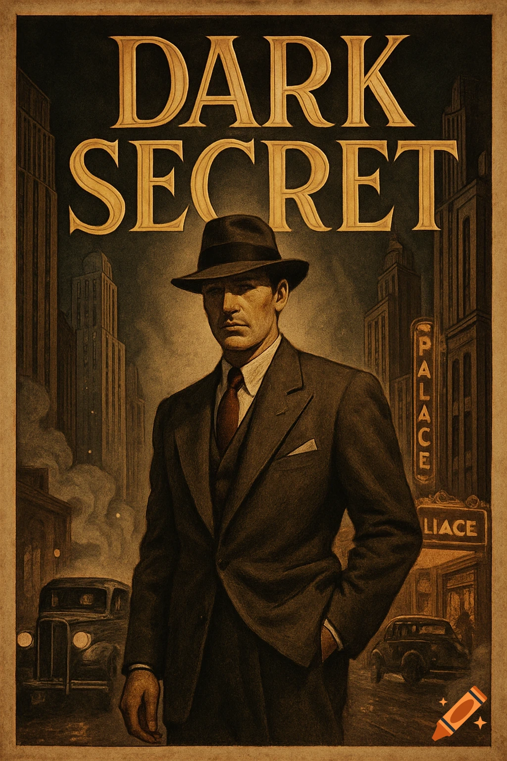 A vintage film noir movie poster for "DARK SECRET," featuring a man in a fedora and suit against a dark cityscape with vintage cars.