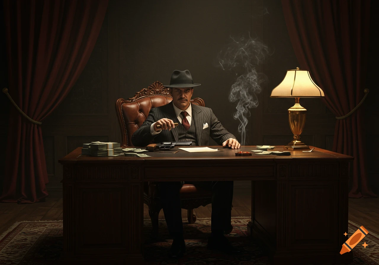 A man in a fedora and pinstripe suit sits at a desk with a pistol, money, and a smoking cigar in a vintage office.
