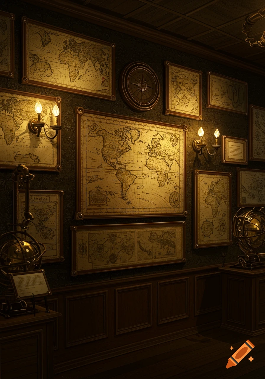 A dimly lit steampunk museum room with numerous antique world maps framed on dark patterned walls, illuminated by sconces.
