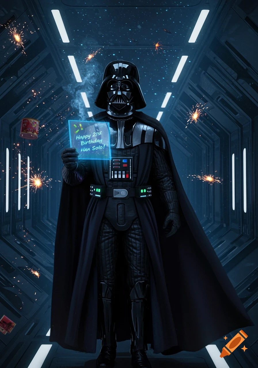 Darth Vader holding a glowing 'Happy 21st Birthday Han Solo!' sign in a futuristic corridor with sparklers.