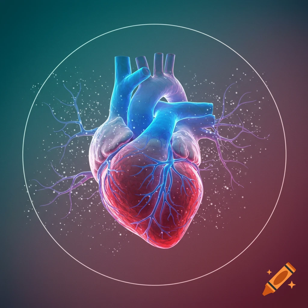 A stylized anatomical human heart with glowing blue vessels and red muscle, surrounded by a white circle and particles.