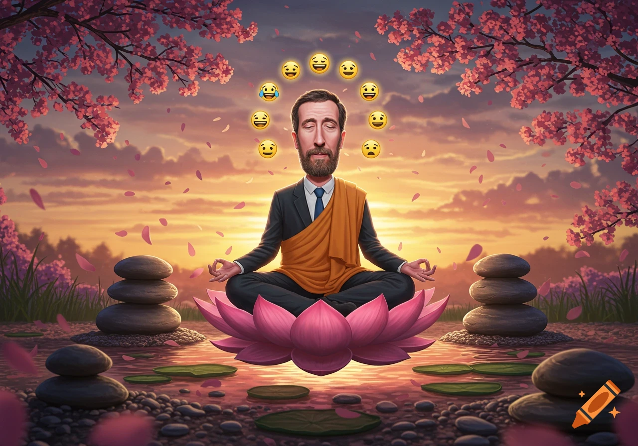 A bearded man in a suit and orange robe meditates on a pink lotus flower, surrounded by cherry blossoms and emojis at sunset.