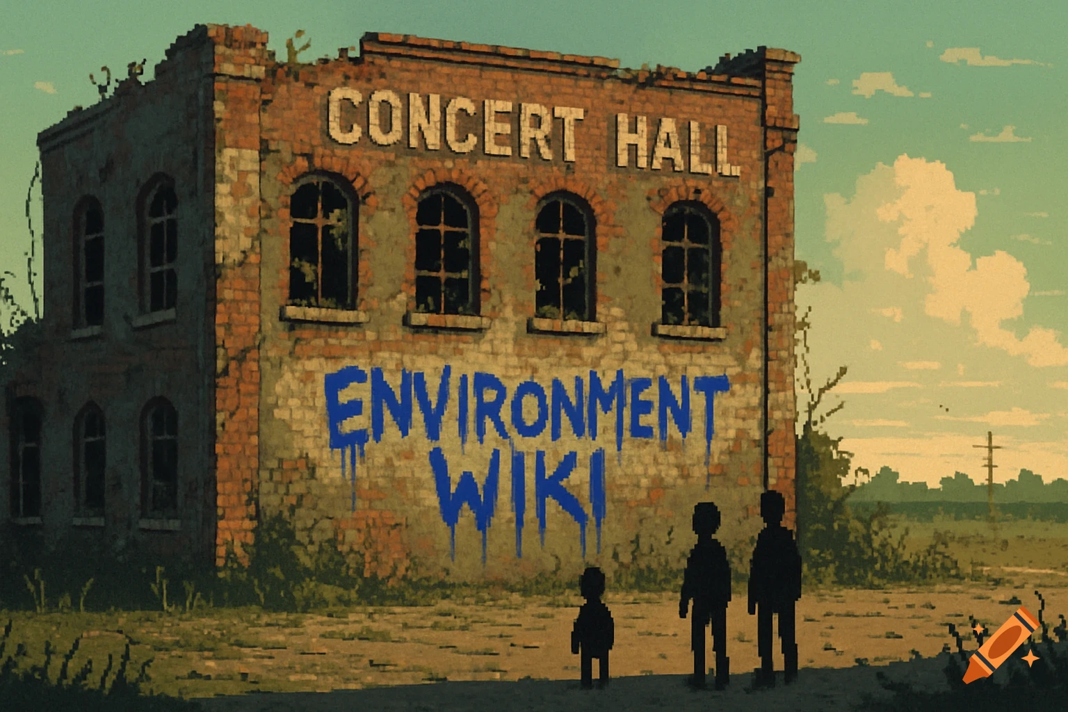 Pixel art of an abandoned, dilapidated concert hall with 'ENVIRONMENT WIKI' spray-painted on the wall, and three pixelated figures standing in front.