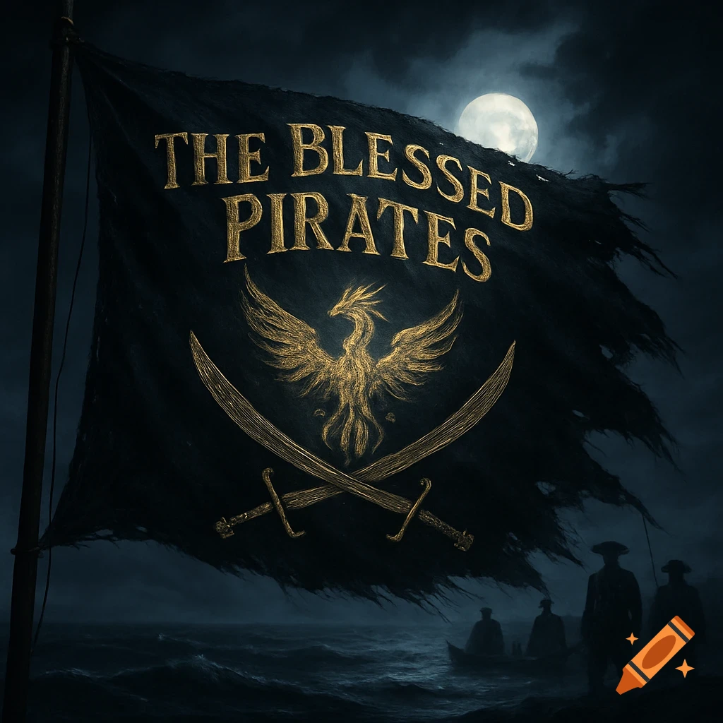 A tattered black pirate flag with golden text "THE BLESSED PIRATES" and a phoenix above crossed swords, against a moonlit, cloudy sky over a dark, choppy sea with silhouetted pirates in a boat.