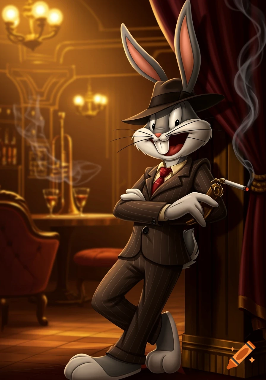 Bugs Bunny in a pinstripe suit and fedora, leaning against a pillar, holding a lit cigarette in a dimly lit, luxurious lounge.