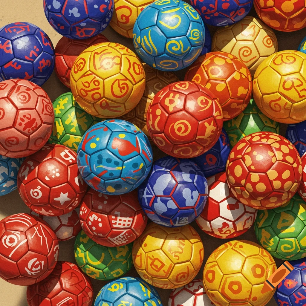 A top-down view of a pile of colorful, patterned handball balls.