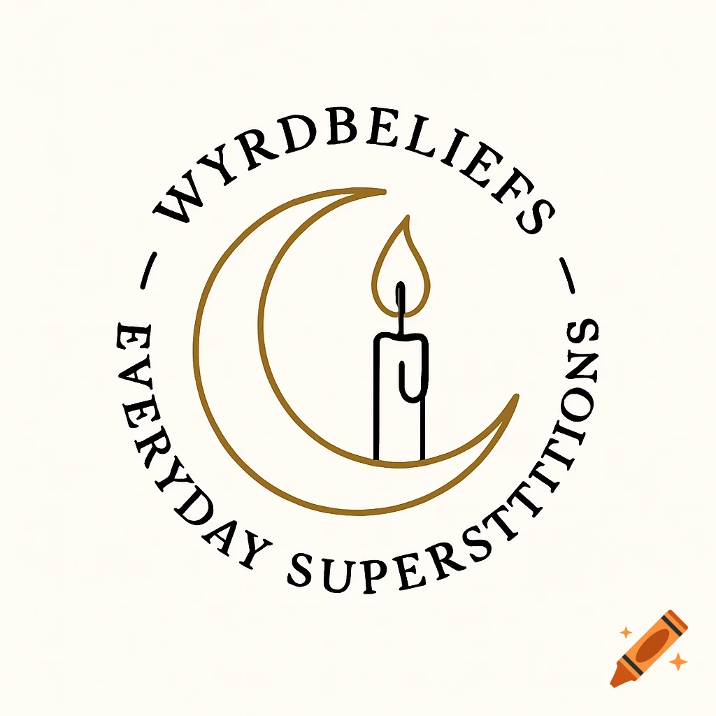 A minimalist logo featuring a gold crescent moon and a black candle with a flame, encircled by the text 'WyrdBeliefs - Everyday Supersttitions' on a white background.