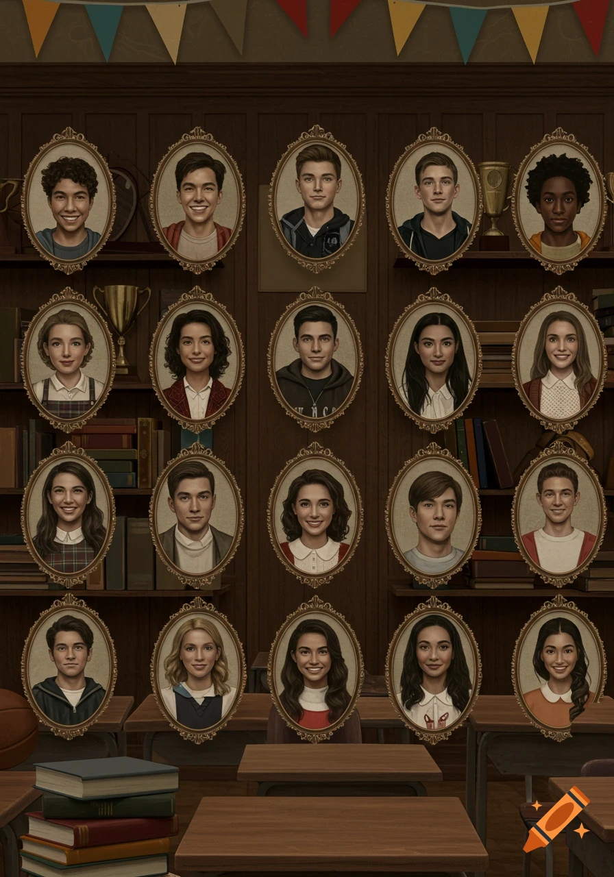 Multiple diverse student portraits in oval frames displayed on a dark wooden wall in a school setting.