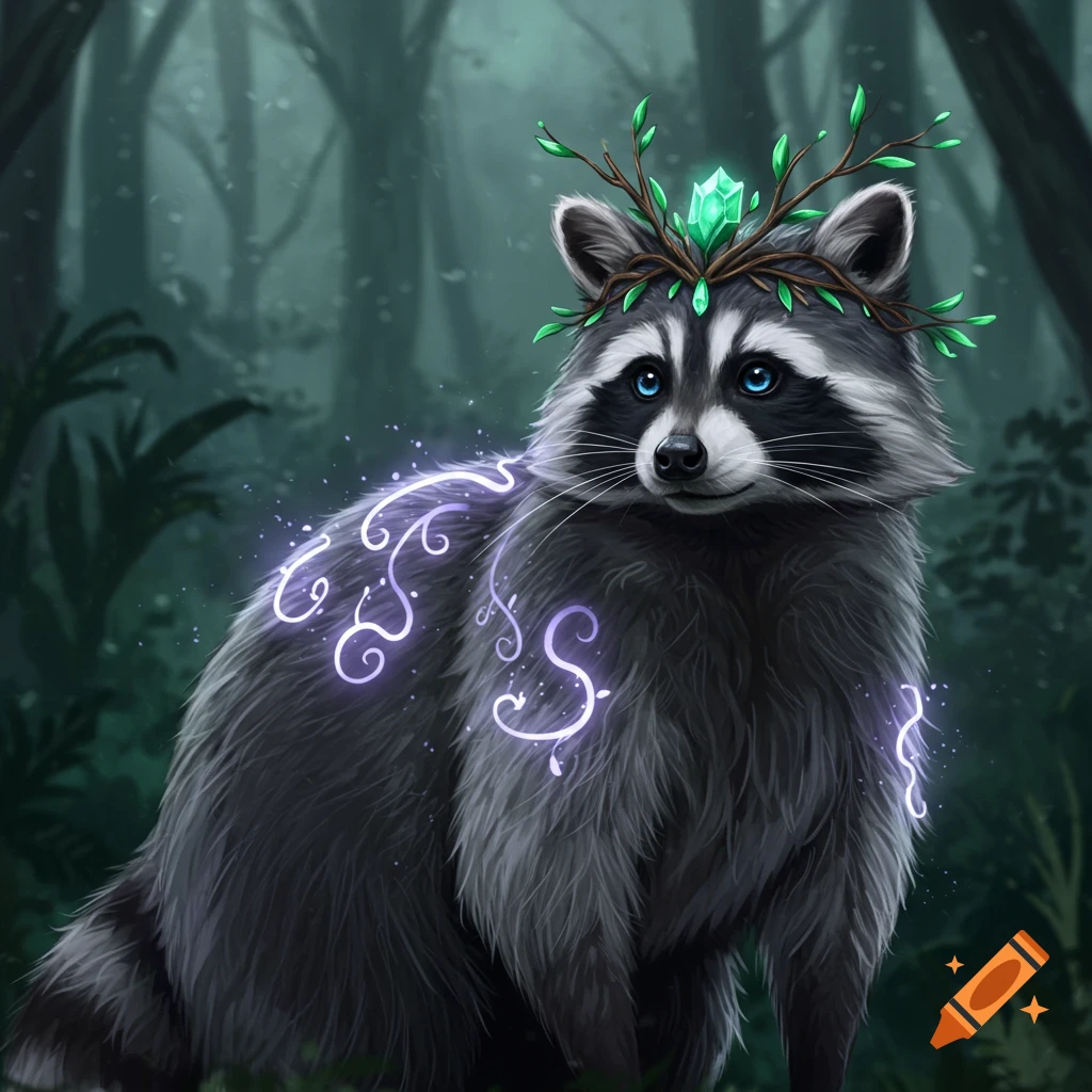 A fantasy illustration of a fluffy grey and black raccoon with blue eyes, wearing a twig and emerald headdress, glowing with violet patterns in a forest.
