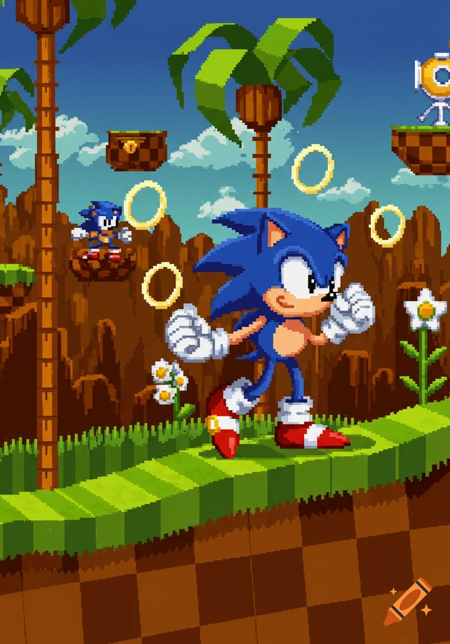 Pixel art of Sonic the Hedgehog running through Green Hill Zone, with a smaller Sonic in the background and golden rings.