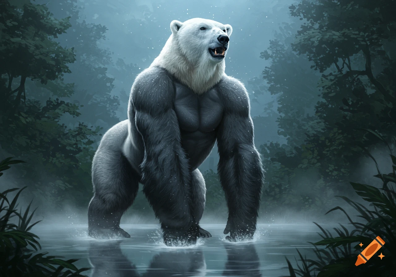 A muscular polar bear-headed gorilla stands in shallow water in a misty dark forest.
