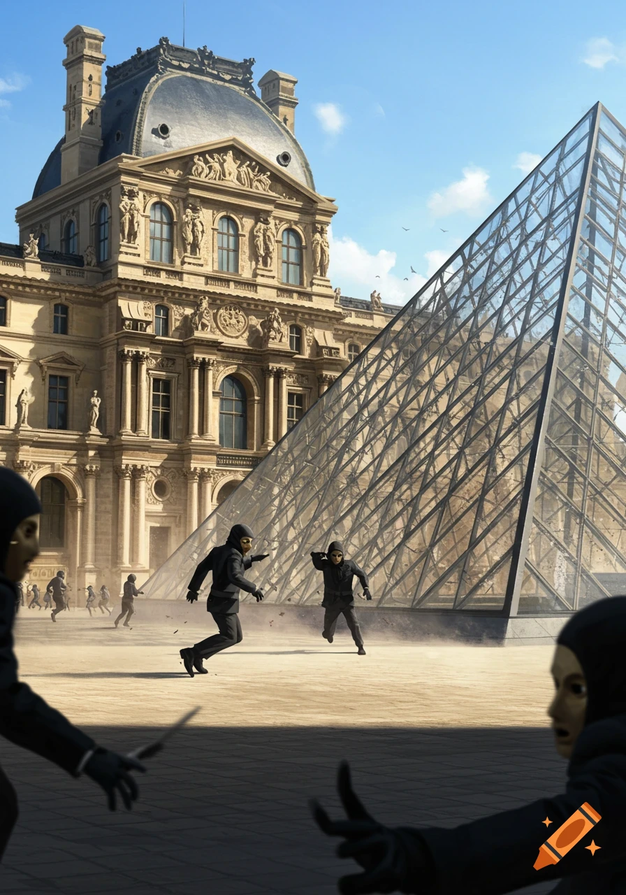 Masked figures in black run across the plaza in front of the Louvre Museum and its glass pyramid under a blue sky.