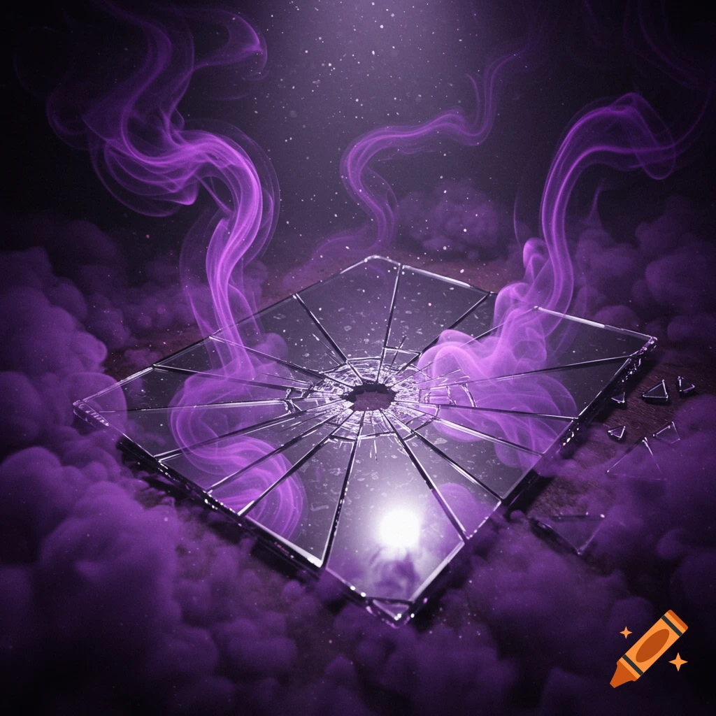 A broken mirror lies amidst billowing purple smoke and mist, under a starry, dark sky.