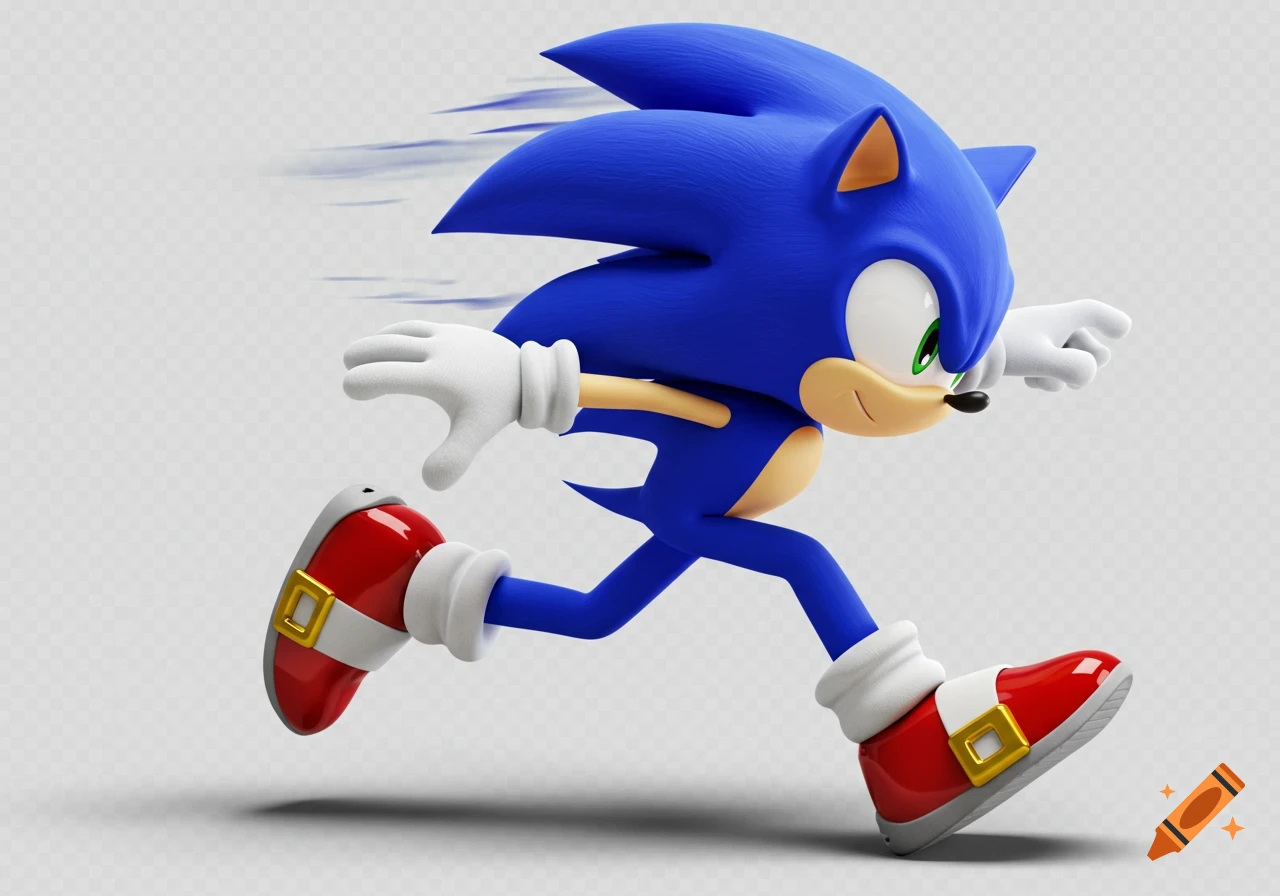3D render of Sonic The Hedgehog running with motion blur against a transparent background.
