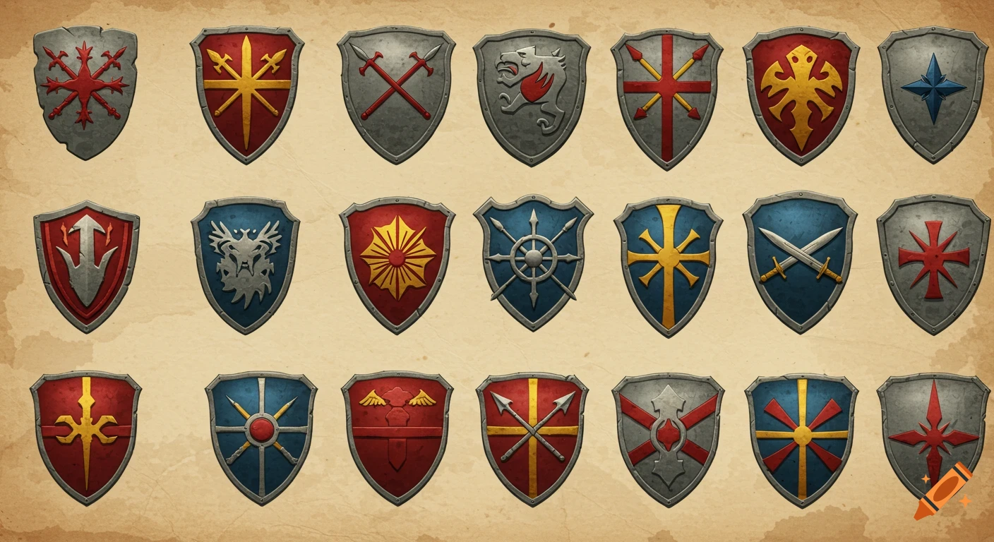 A grid of 24 unique, detailed medieval-style fantasy shields and crests with various symbols on a parchment background.
