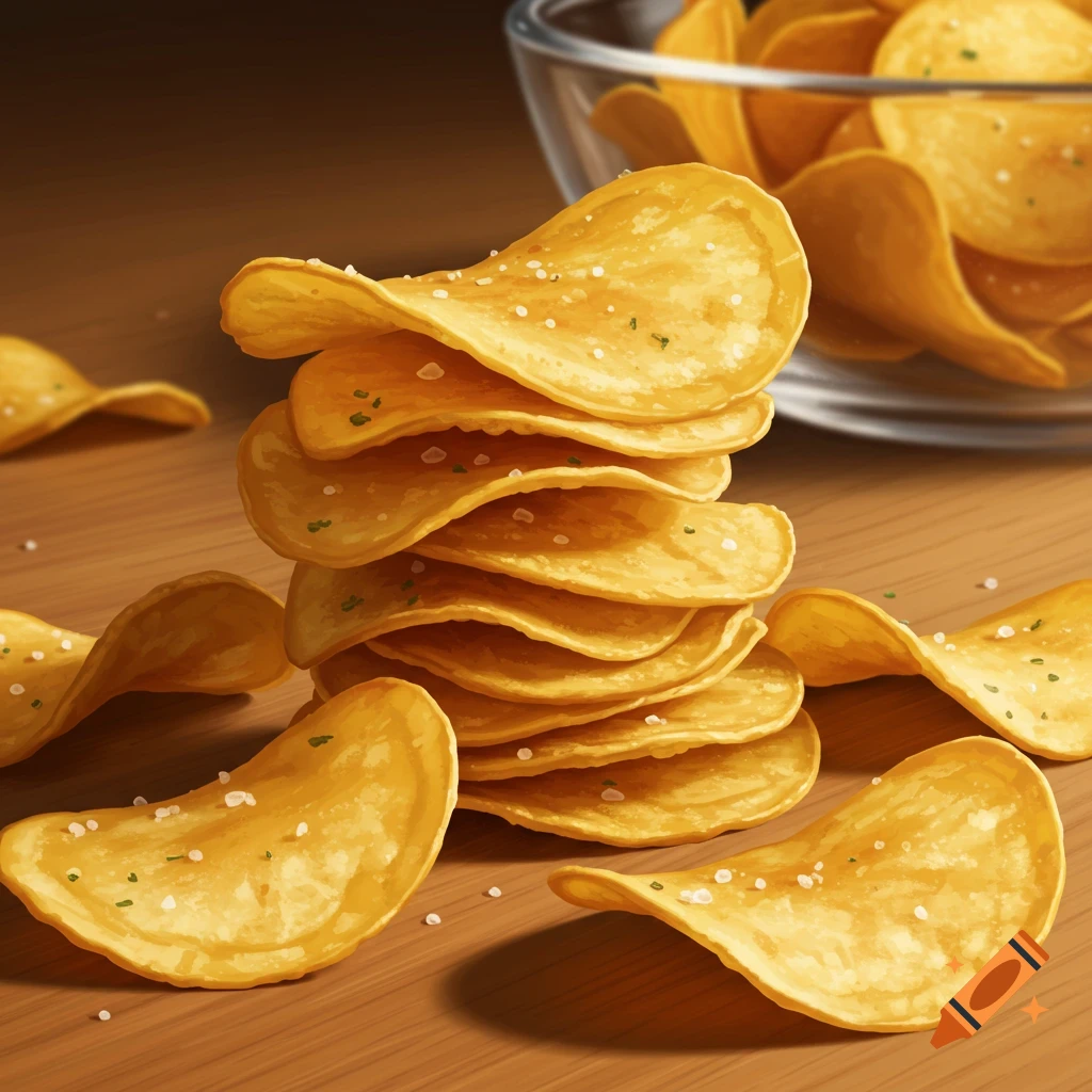 A stack of golden potato chips with salt and herbs on a wooden table, with a bowl of chips in the background.