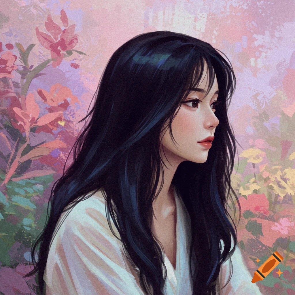 Stylized portrait of a young woman with long black hair against a soft, colorful impressionistic floral background.