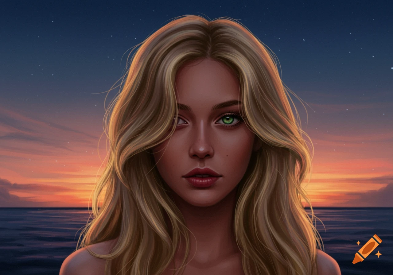 Digital painting of a woman with blonde hair, one green eye missing, against a sunset ocean and starry sky.