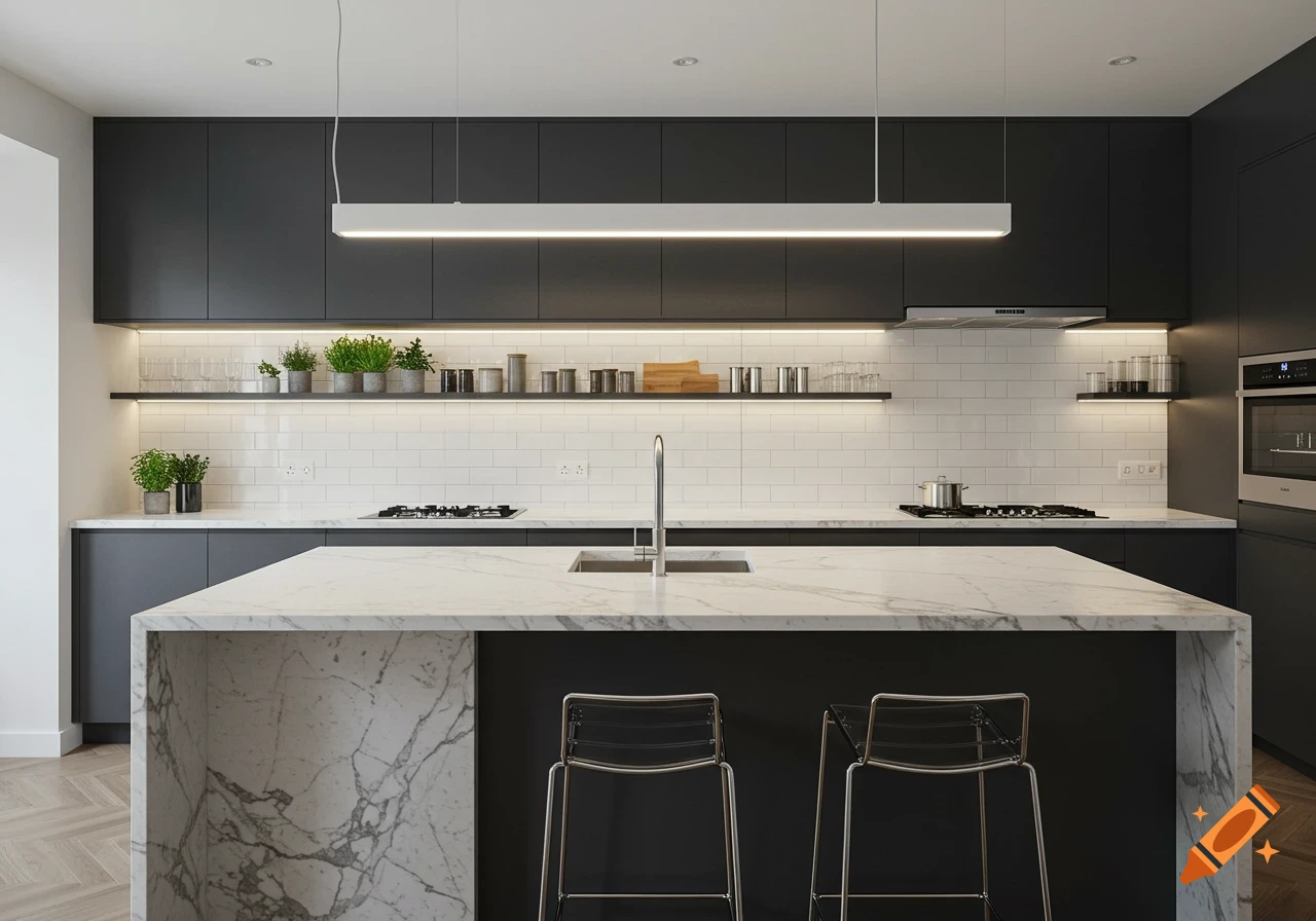 A sleek, modern kitchen with dark grey cabinets, white marble countertops, an island with an integrated sink, and two bar stools.