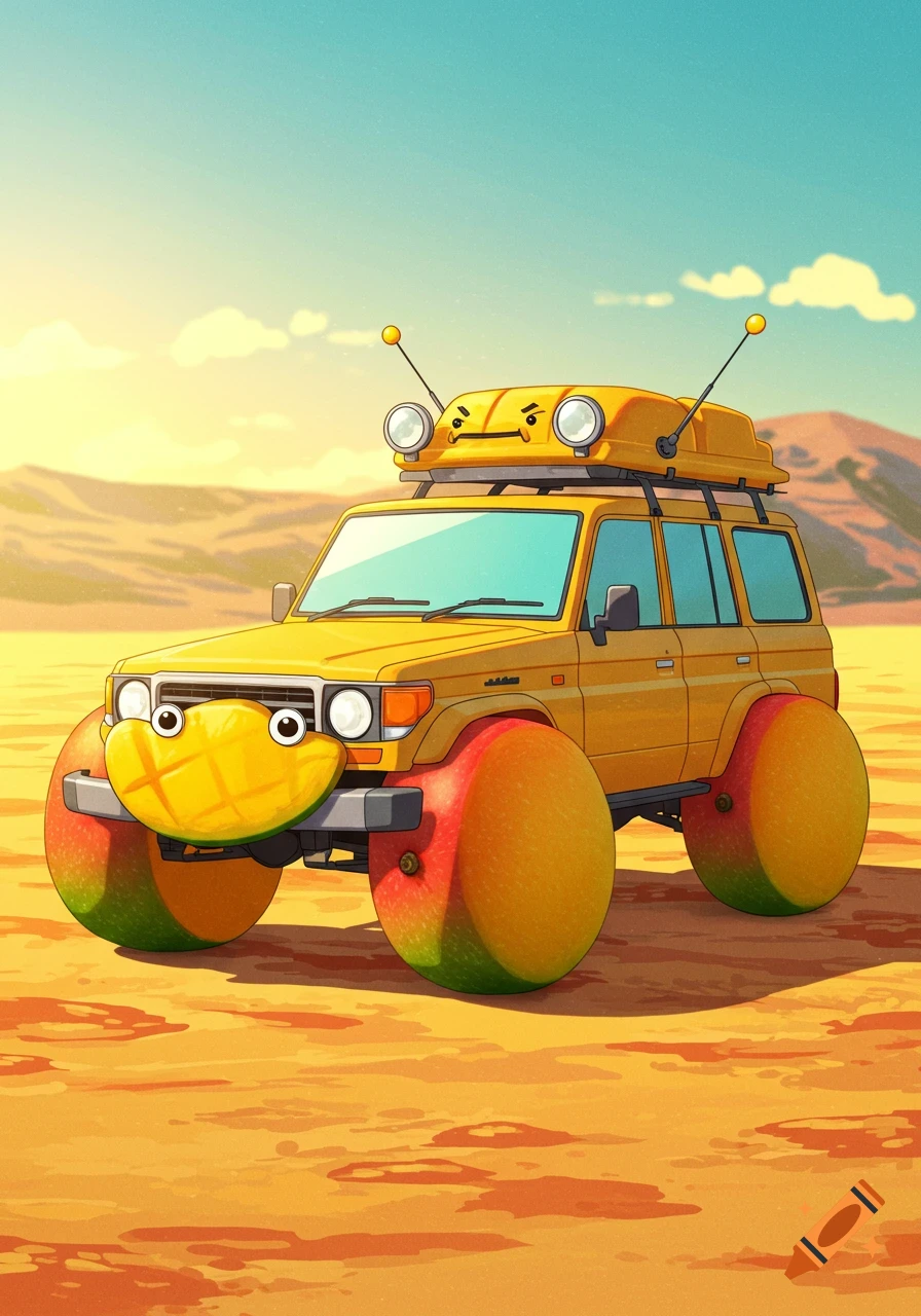 A whimsical yellow cartoon Landcruiser with mango wheels, a grumpy-faced roof box, and a smiling mango bumper drives through a desert.
