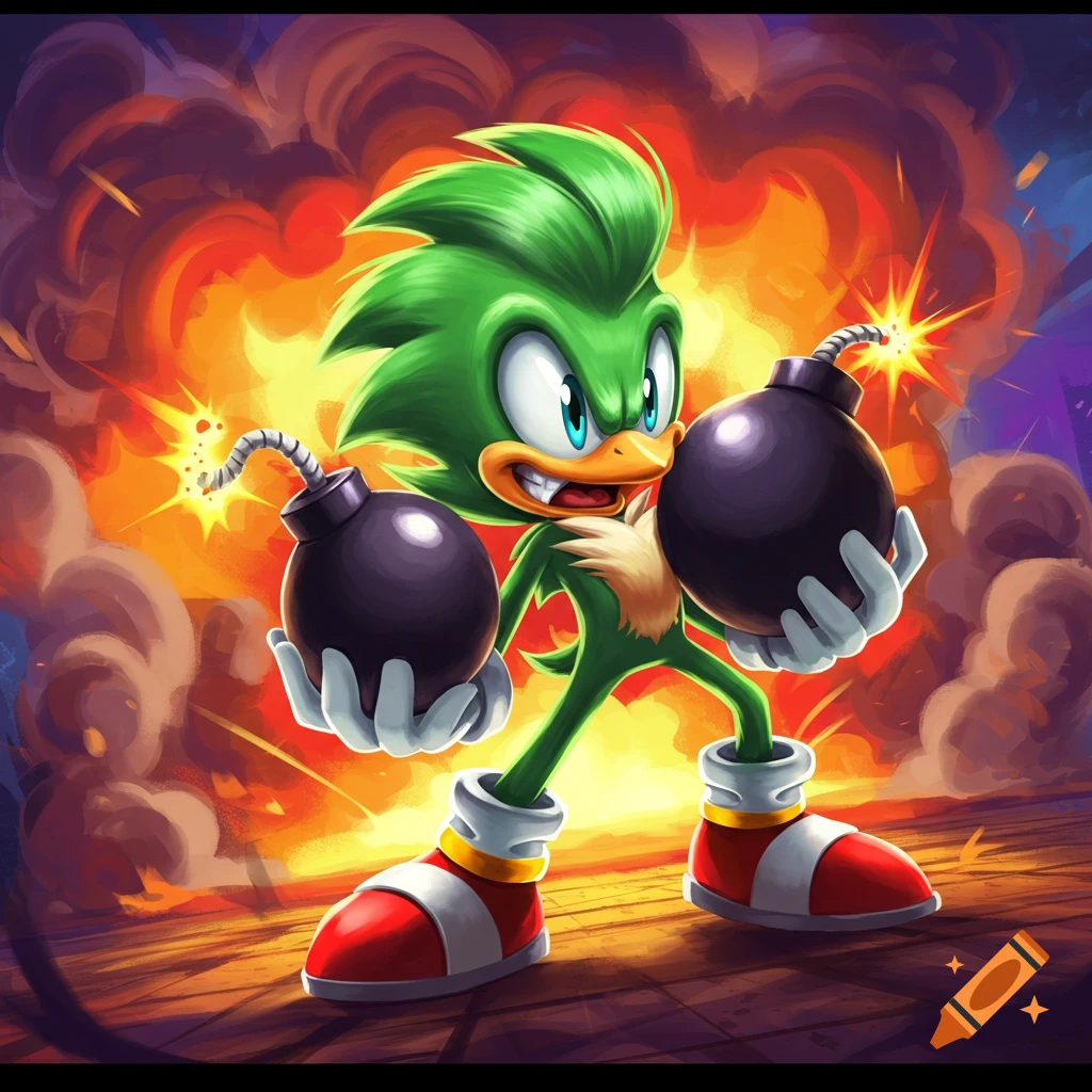 Bean the Dynamite, a green Sonic character, holds two lit bombs against a fiery explosion backdrop in a cartoon style.