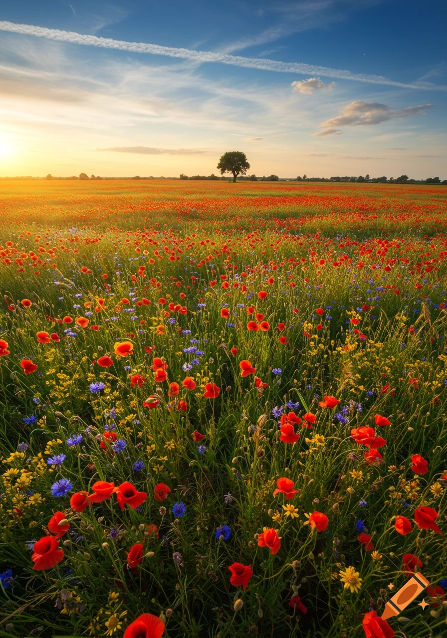 A vibrant field of red poppies, blue cornflowers, and yellow wildflowers under a sunset sky with a lone tree in the distance.