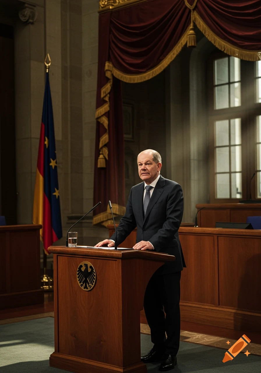 A man in a dark suit stands behind a wooden podium with the German eagle emblem. The German flag and EU flag are in the background.