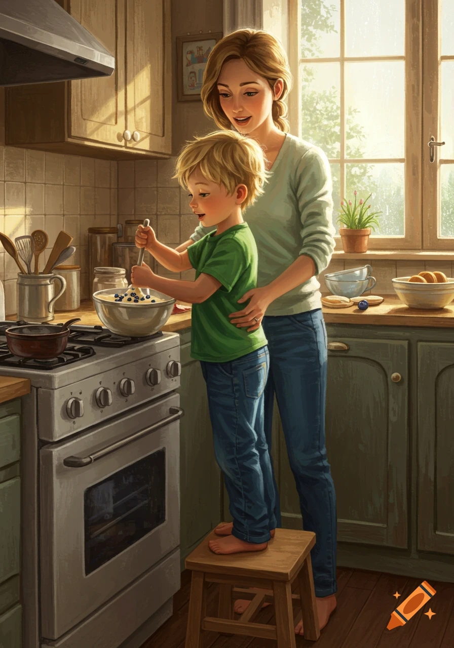 A mother and her blonde son stir blueberry pancake batter in a cozy kitchen, depicted in a children's book illustration style.