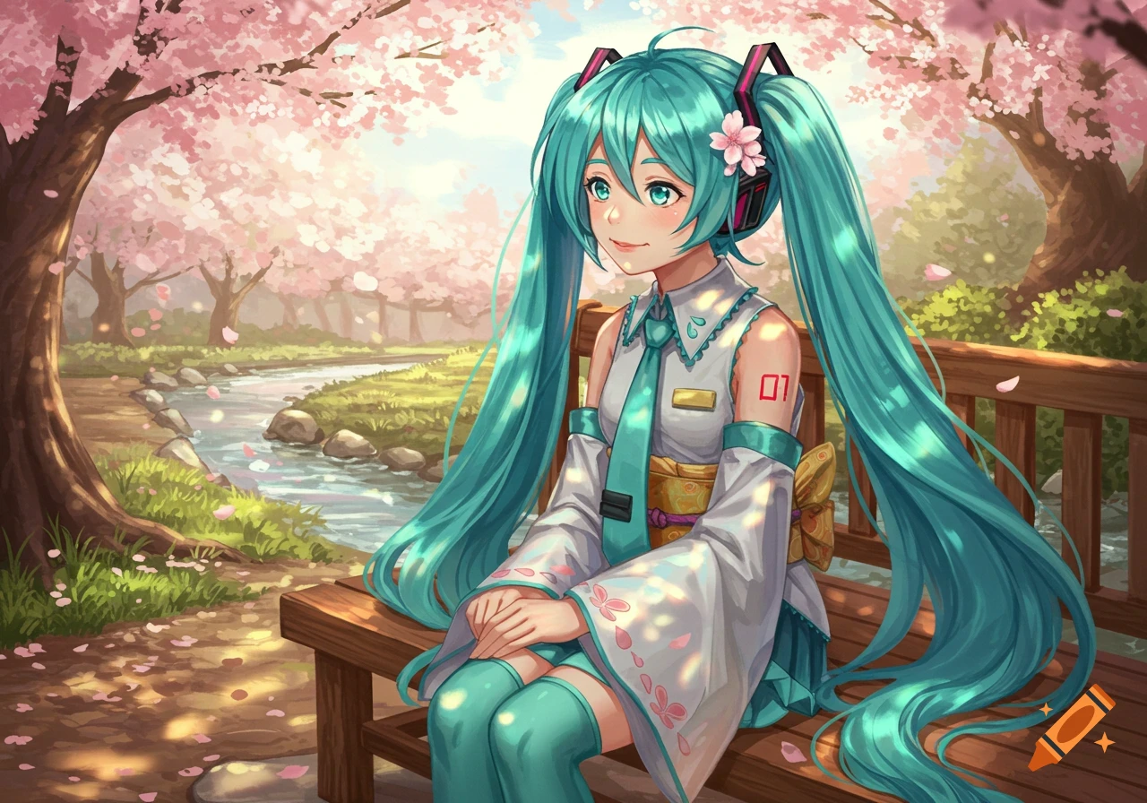 An anime girl with long turquoise pigtails sits on a park bench surrounded by cherry blossoms and a stream.
