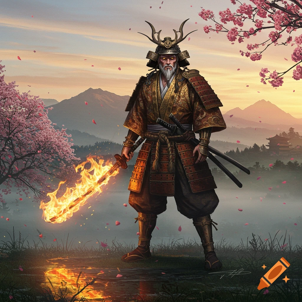 An old samurai with a flaming sword stands amidst cherry blossoms in a misty Japanese mountain landscape at sunset.