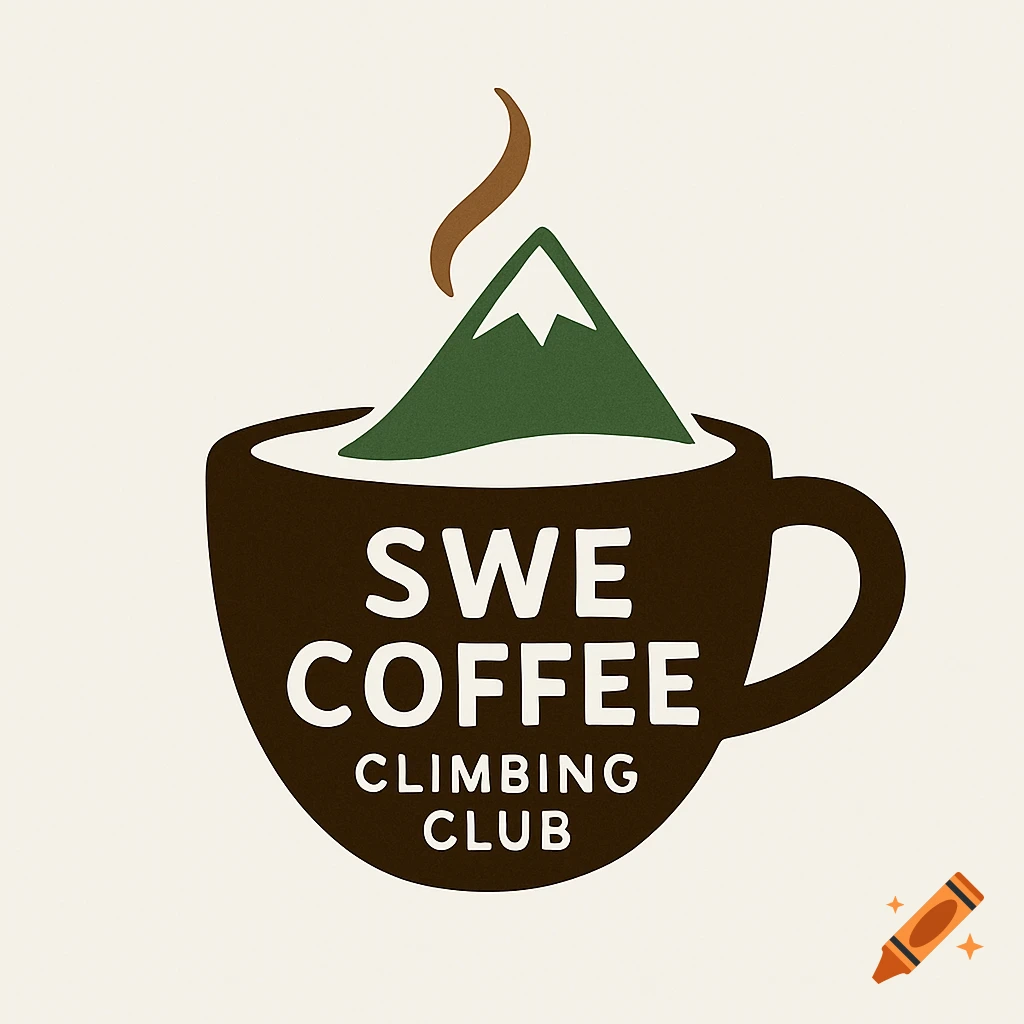 Logo for Swe Coffee Climbing Club: a dark brown coffee cup with a green mountain peaking out, steam rising, on a light background. Simple, minimalist design.