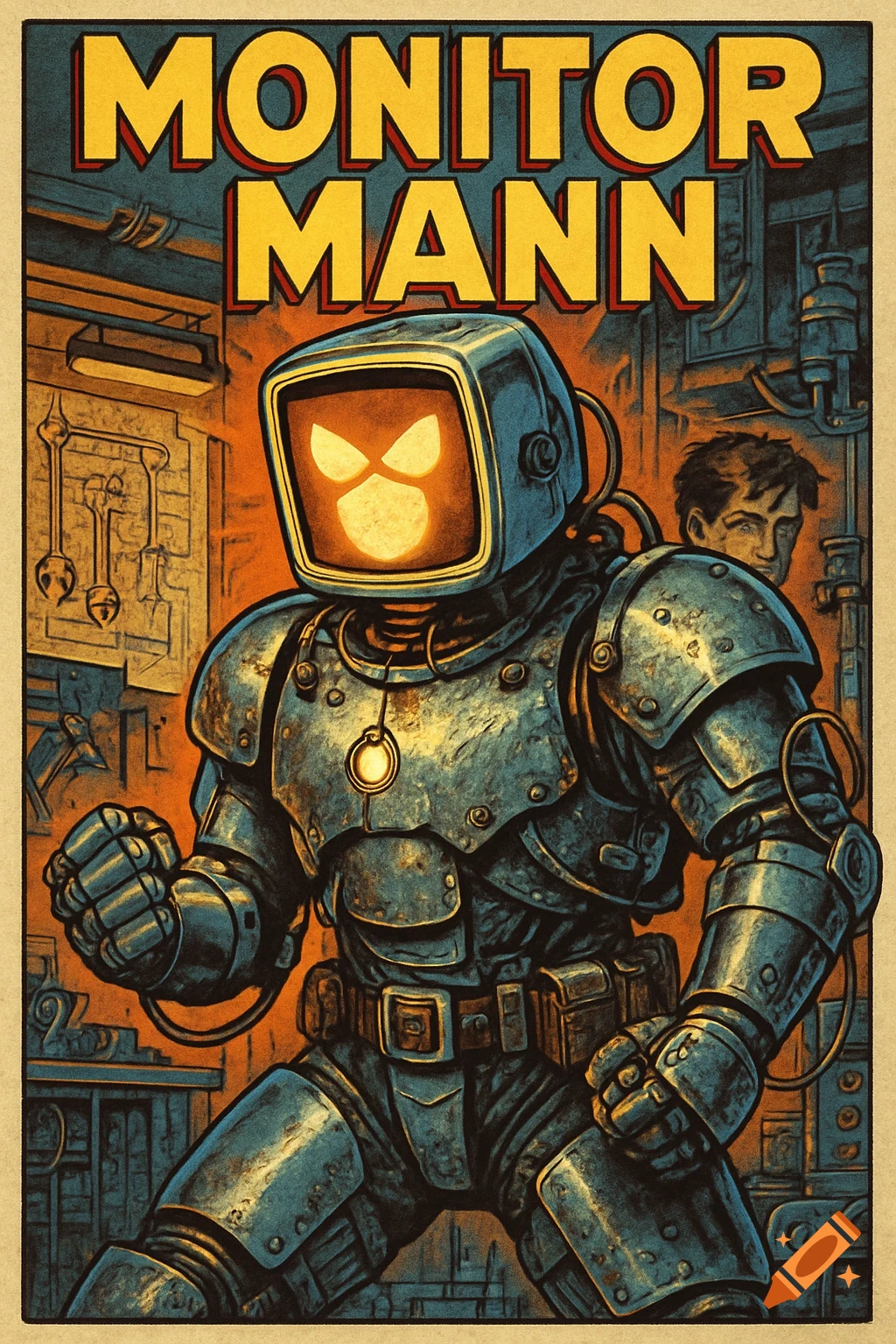 A retro comic book style illustration featuring a metallic robot with a monitor for a head, standing in a workshop, titled "MONITOR MANN".