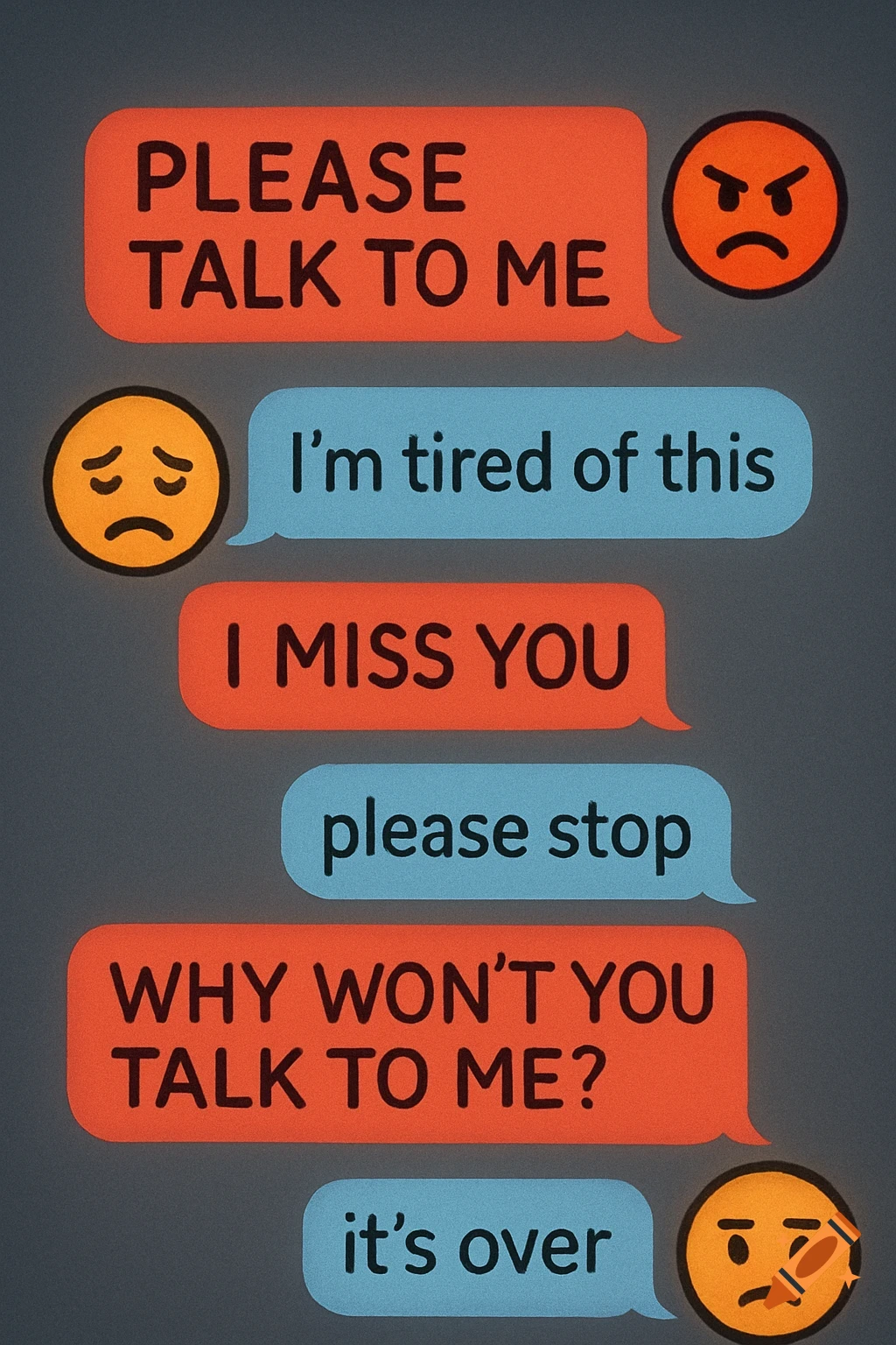 A screenshot of text messages and emojis on a dark background depicting a conversation. Messages include "PLEASE TALK TO ME", "I'm tired of this", "I MISS YOU", "please stop", "WHY WON'T YOU TALK TO ME?", and "it's over".