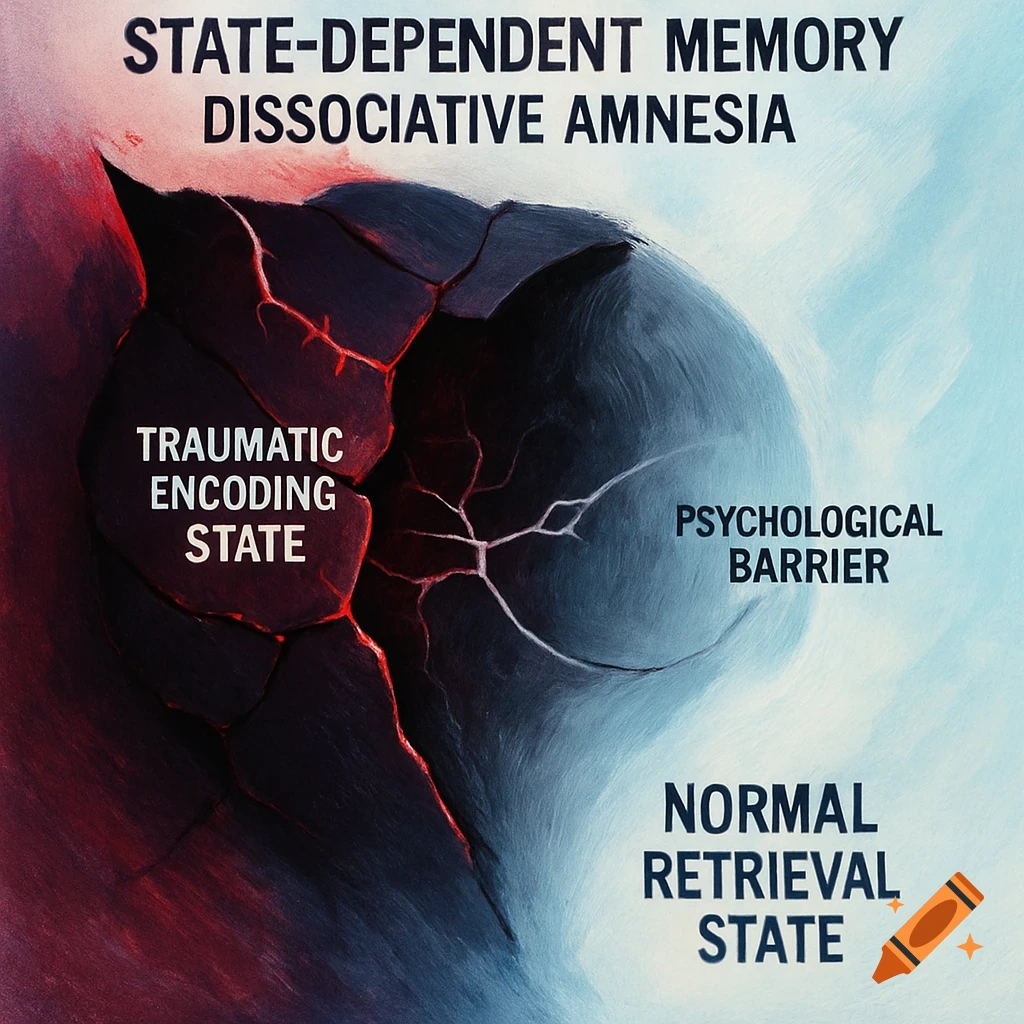 Abstract diagram illustrating state-dependent memory and dissociative amnesia with a fractured dark mass and text labels.
